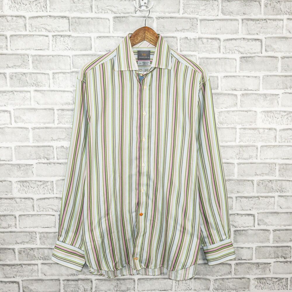 Thomas Dean Multi color Stripe Button up Shirt Men's size Large Cotton